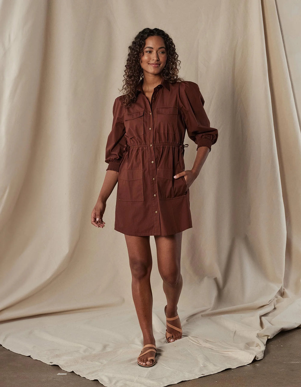 A utility dress, button down dress with elastic waist and pockets in espresso - Tru Blue Boutique