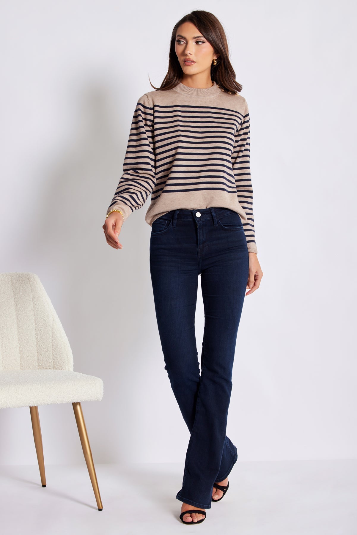 Stripe crew sweater with gold button detail - Tru Blue Boutique