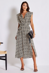 Geo print cream and black wrap midi dress - Tru Blue Boutique