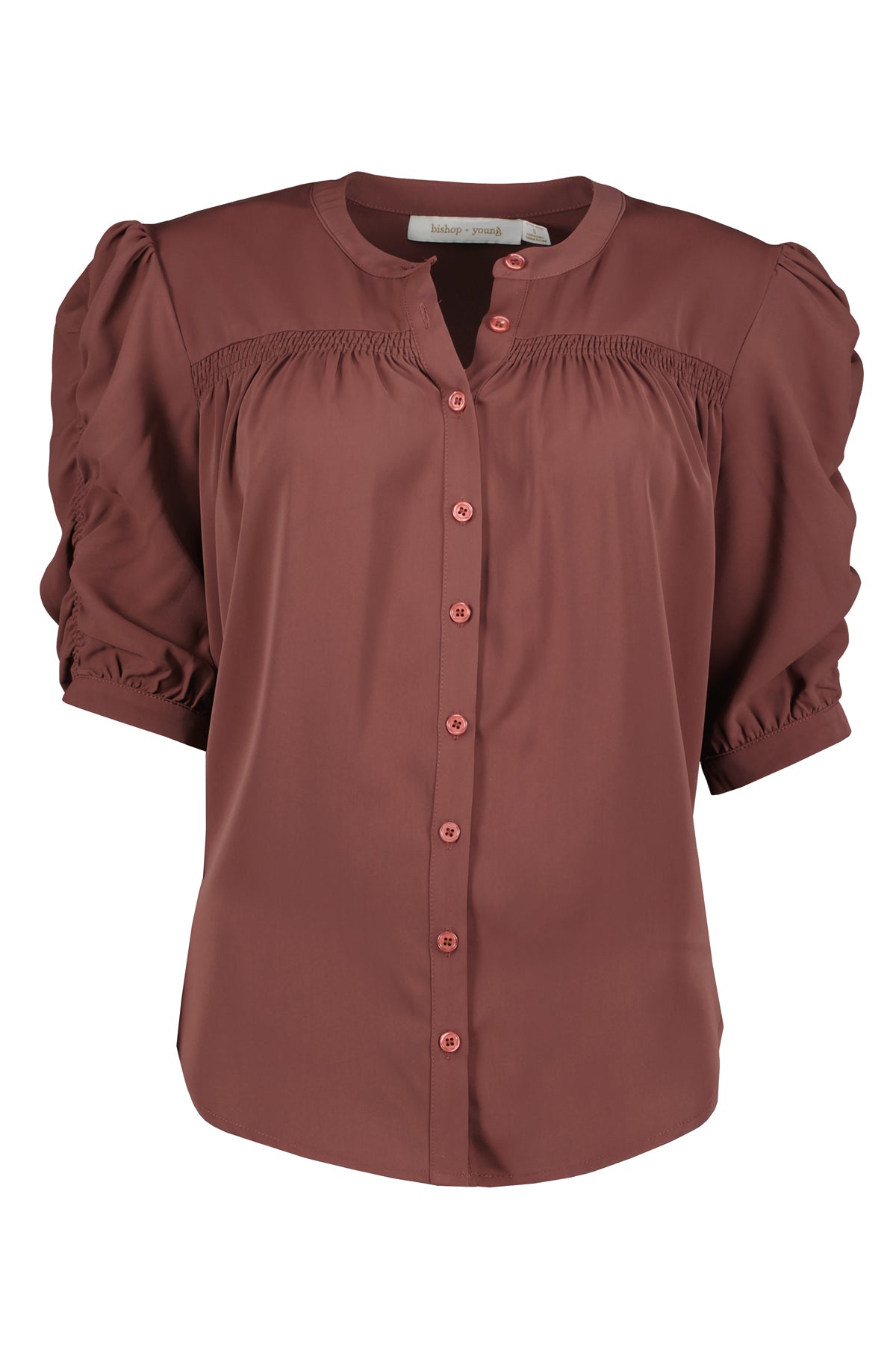 Ruched sleeve and band collar blouse by Bishop and Young  - Tru Blue Boutique