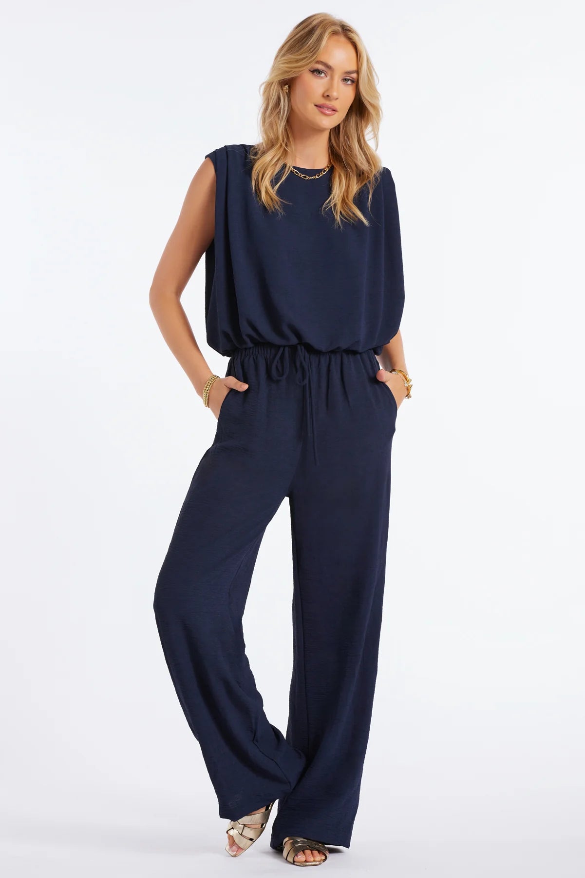 Nay blue crepe pant with drawstring waistband - Tru Blue Boutique