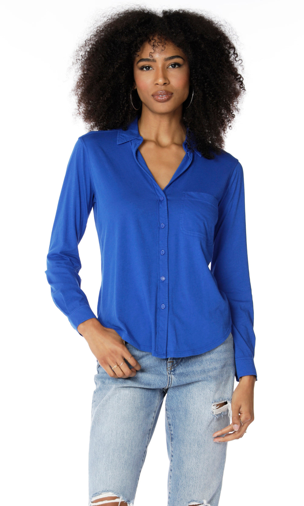 Long sleeve blue button down knit tee with collar - Tru Bue Boutique