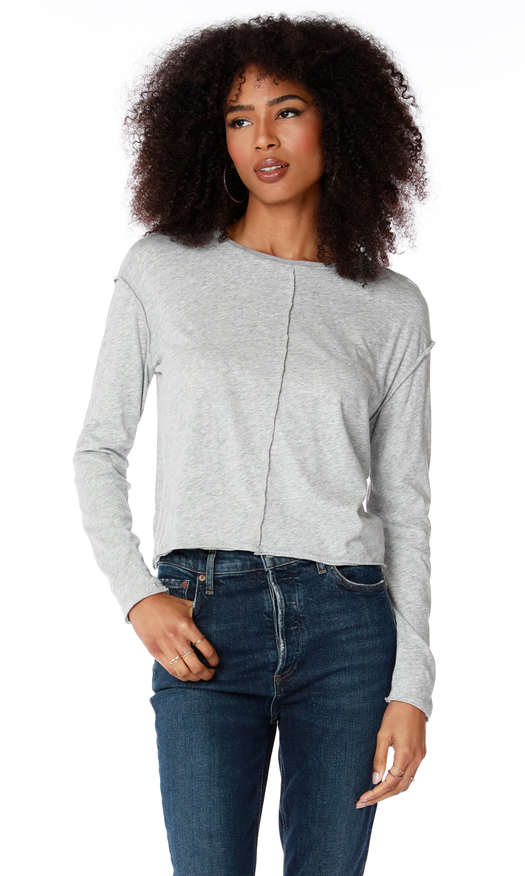 Heather grey long sleeve crewneck tee with exposed seam by Bobi at Tru Blue Boutique 