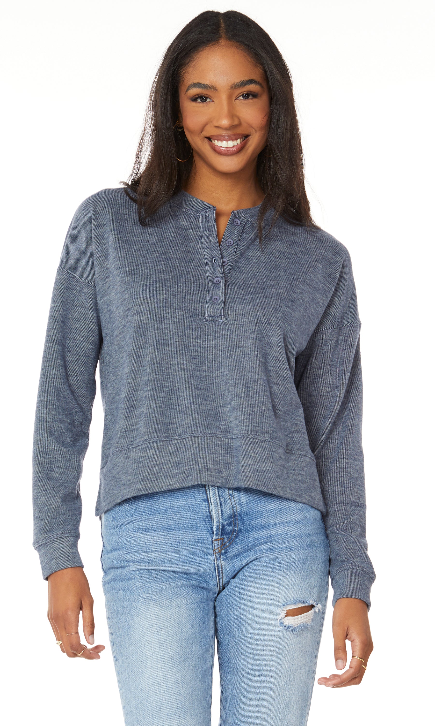 Blue henley sweatshirt - Tru Blue Boutique