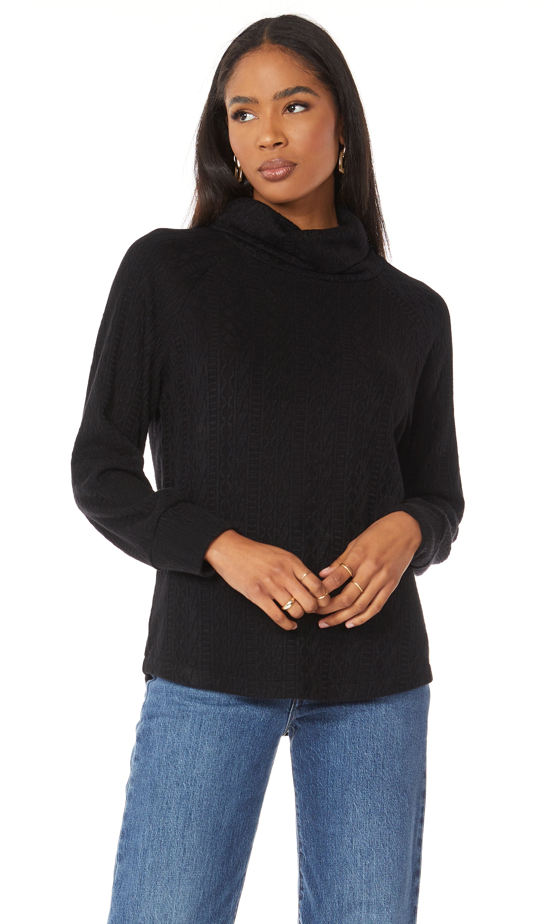 Black funnel neck pullover in textured knit - Tru Blue Boutique