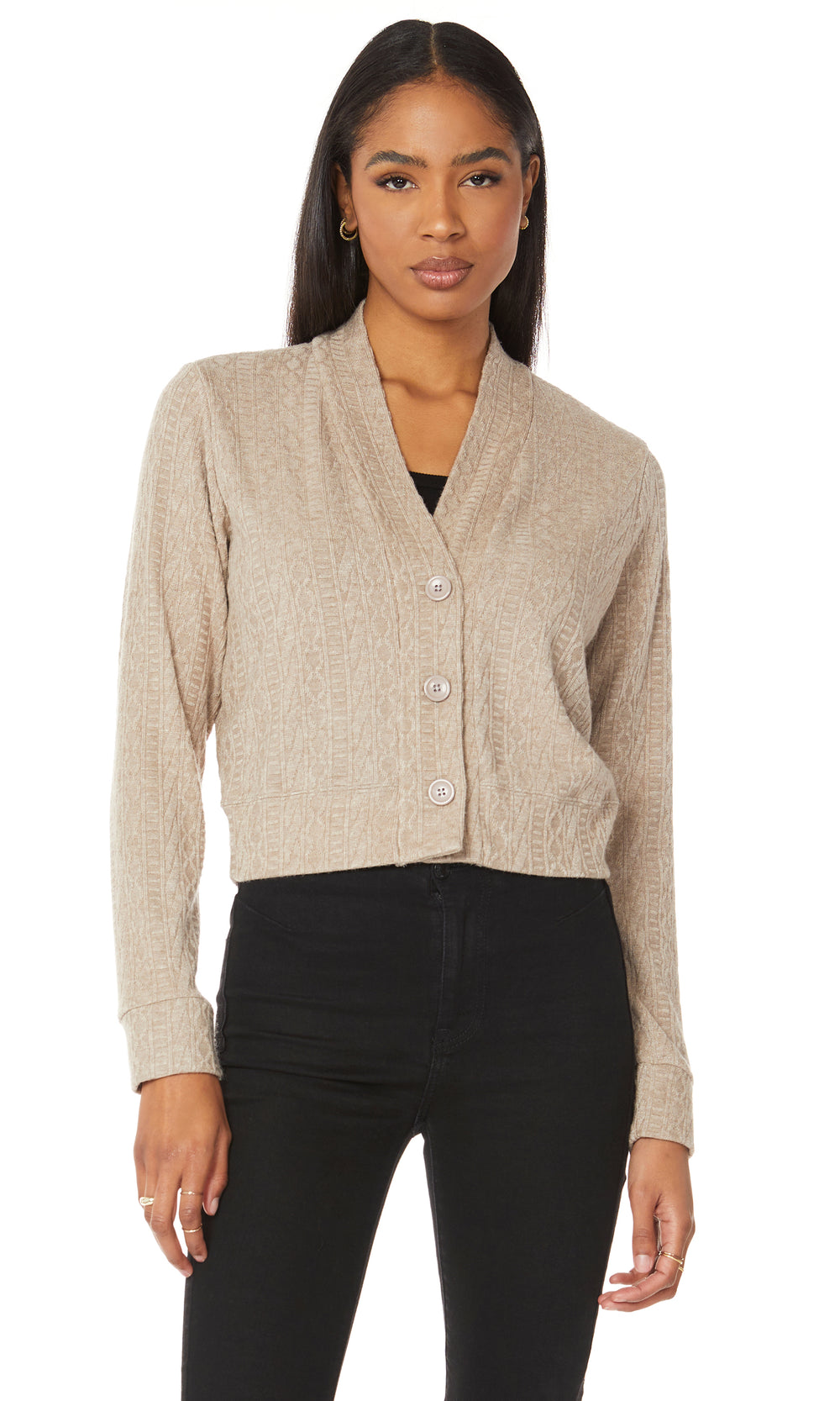 Tan short cardigan with textured knit - Tru Blue Boutique