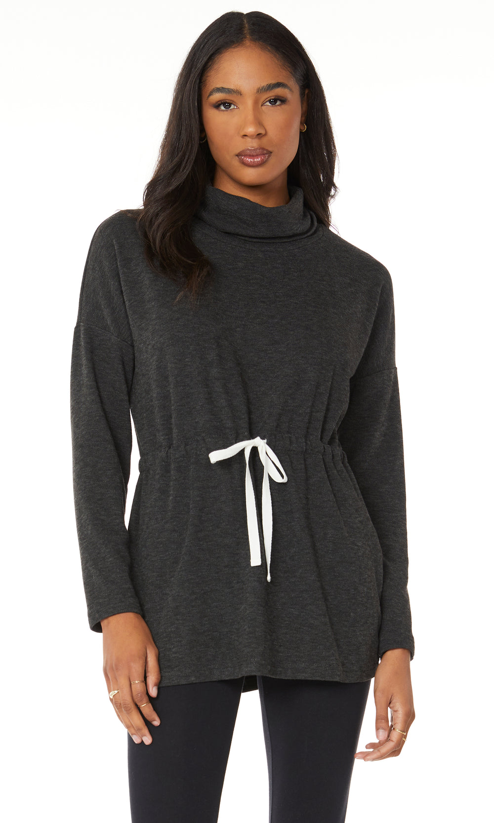 Funnel neck tunic with tie waist in black - Tru Blue Boutique