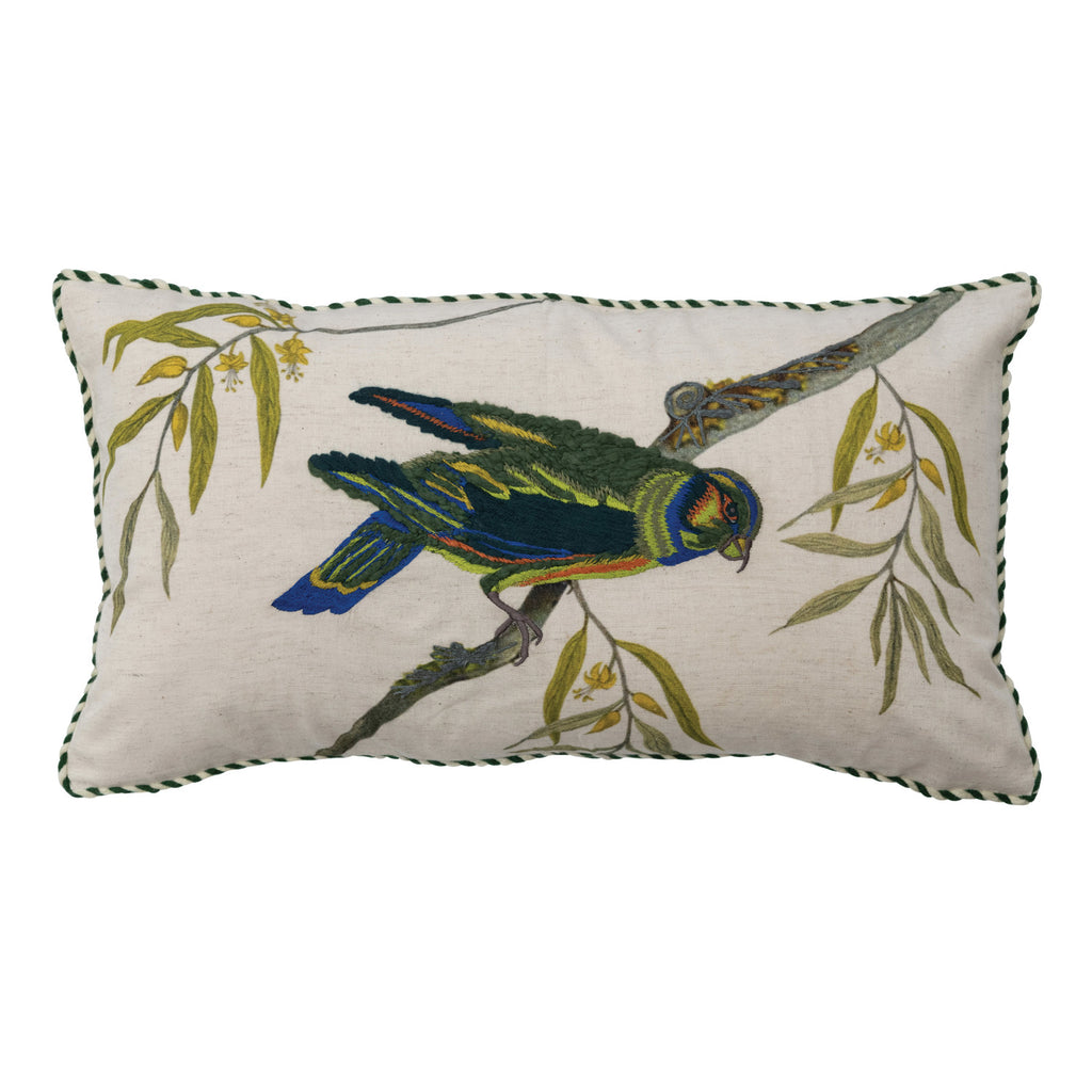 Bird on branch embroidered lumbar pillow with piping -  Tru Blue Boutique