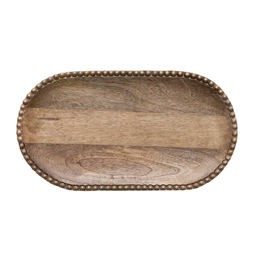 Hand carved mango wood tray with wood beads and gold finish - Tru Blue Boutique