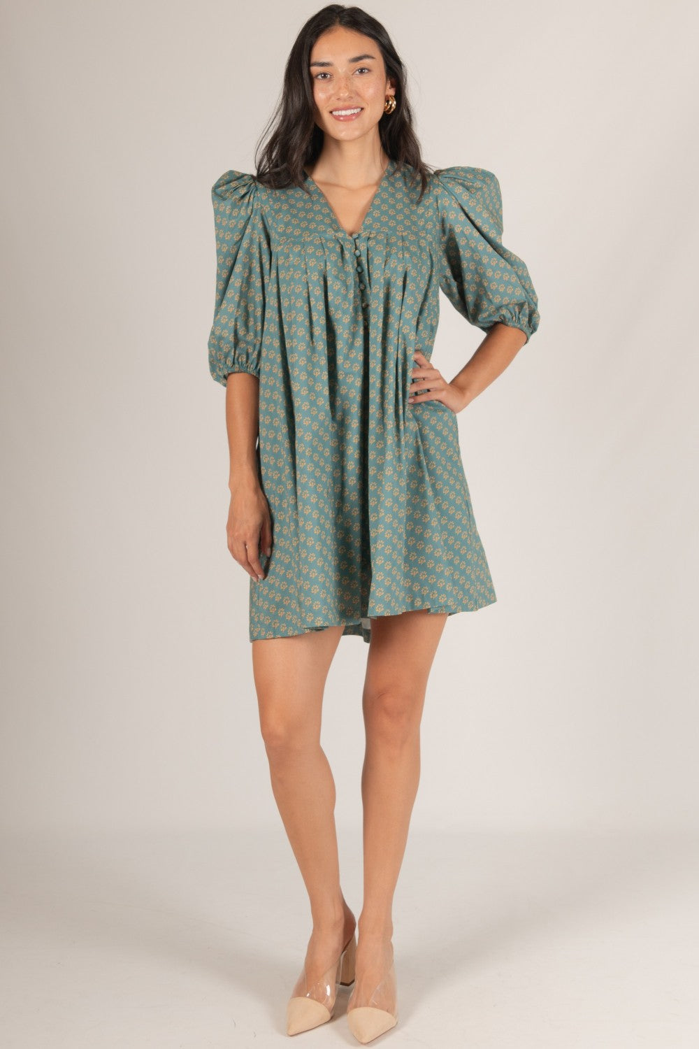 Flowy teal mini dress with puff sleeves and gold print - Tru Blue Boutique