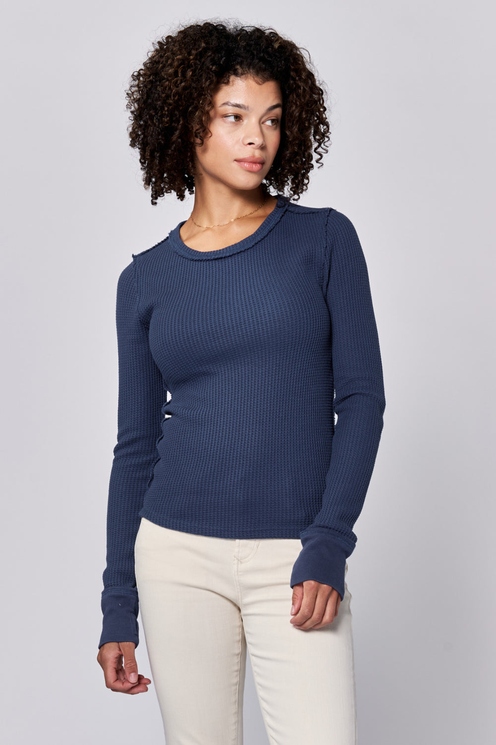 Black iris blue waffle weave long sleeve, crewneck top - Tru Blue Boutique