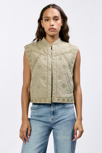 a light olive snap front vest with embroidery - Tru Blue Boutique