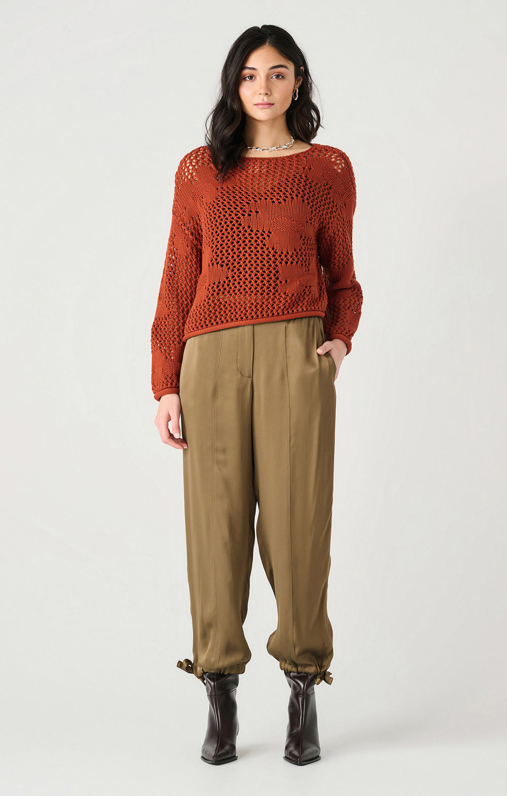Mesh sweater with woven design in burnt orange - Tru Blue Boutique