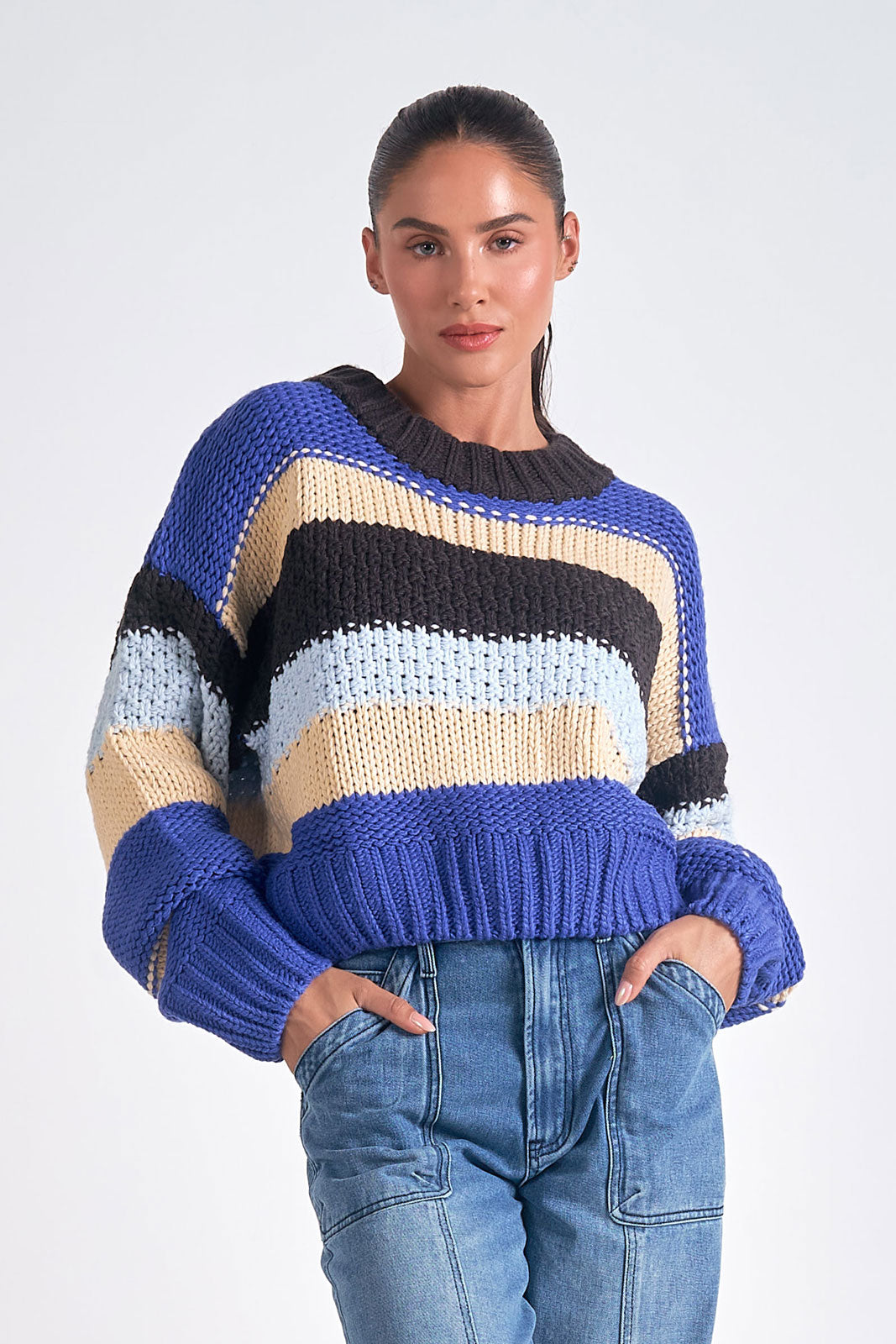 Wide crew neck sweater with blue stripes - Tru Blue Boutique