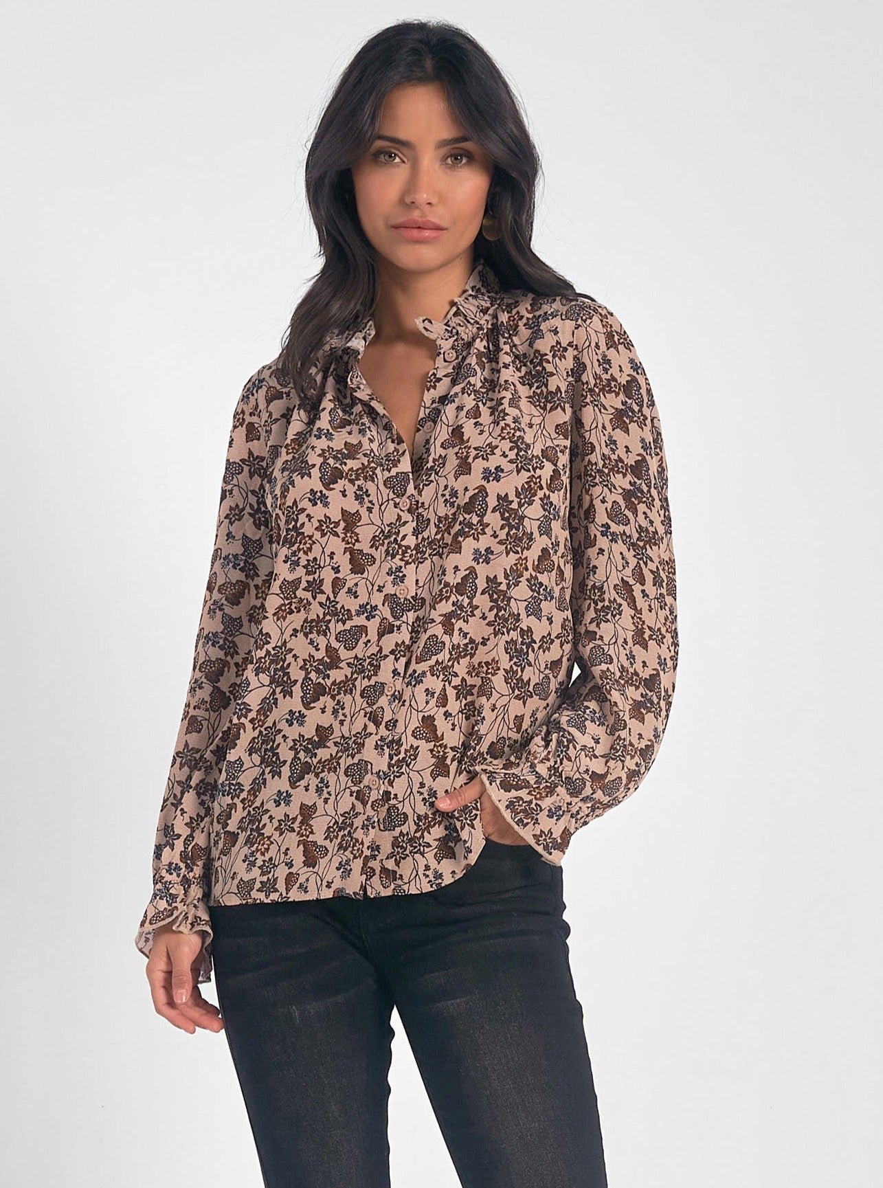 Napa floral print blouse in neutral tones with ruffled collar and sleeves from Elan - Tru Blue Boutique