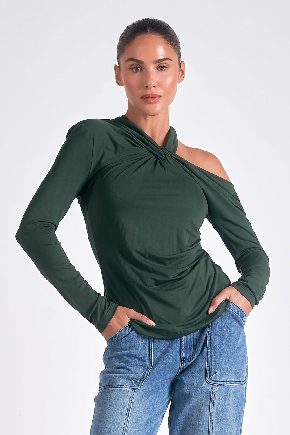 Dark green one shoulder top with twist front - Tru Blue Boutuique