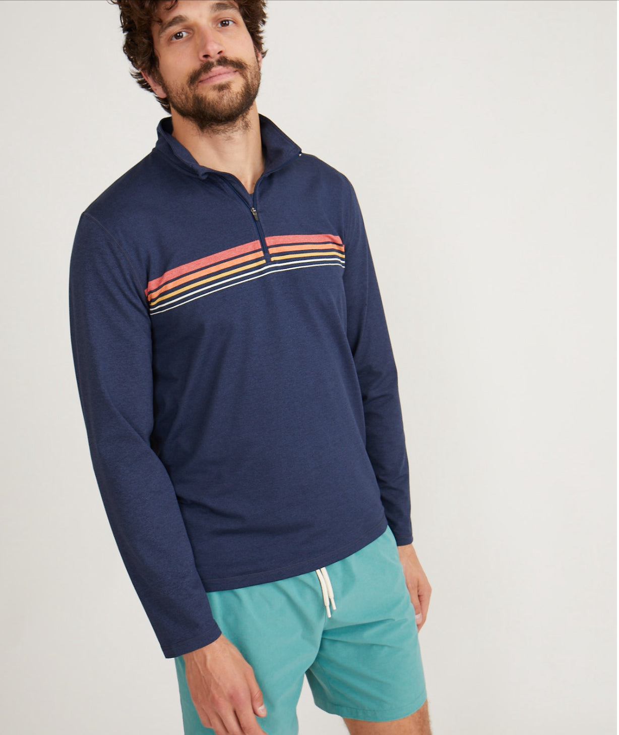 Recycled quarter zip with warm colored chest stripe - Tru Blue Boutique