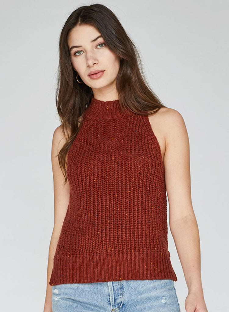 Gentle Fawn's Sydney tank in paprika is made of a soft donegal yarn with small flecks of color throughout. Features include a mock neckline, pointelle stitch details, and side slits - Tru Blue Boutique