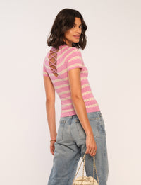 Sofie stripe crochet sweater - pink taffy and ivory -Tru Blue Boutique