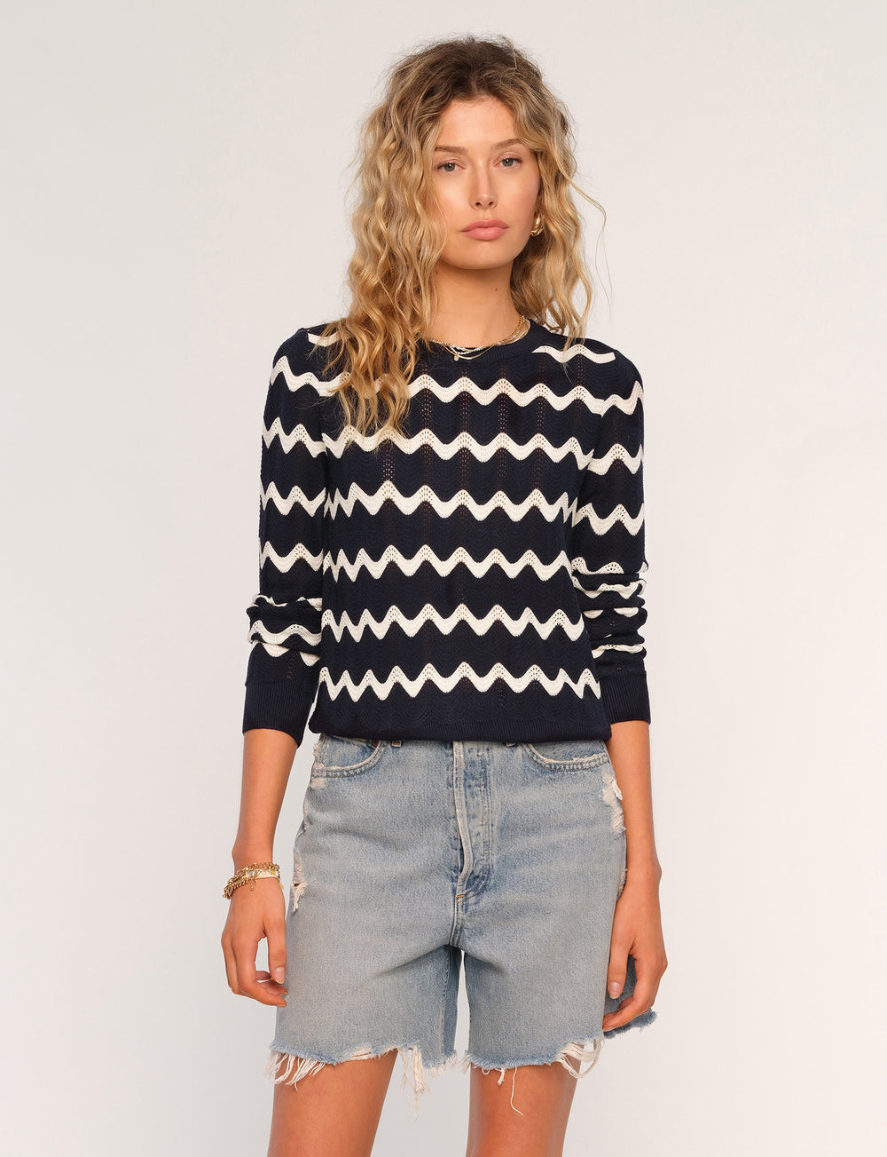 Navy and white crochet knit stripe sweater - Tru Blue Boutique