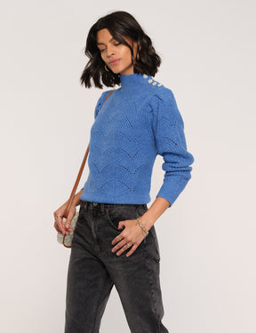 Delicate pointelle knit with mock nick and button shoulder detail by Heartloom in Electric blue - Tru Blue Boutique