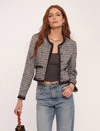 Tweed blazer with contrast trim and button closure in black and white by Heartloom at Tru Blue Boutique