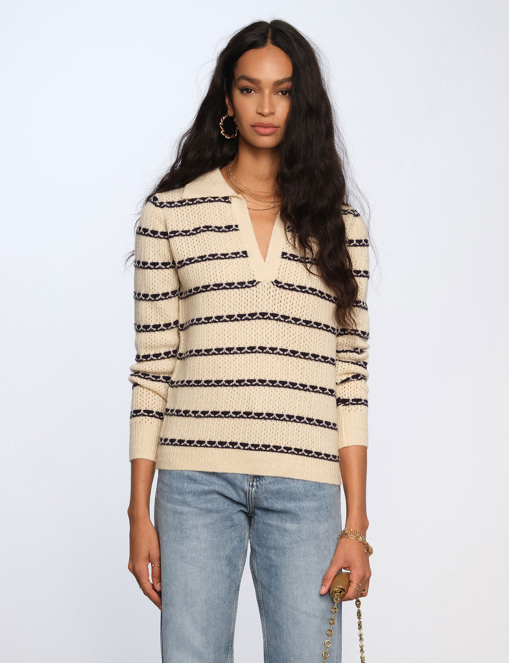 Collared cream sweater with black detail stripe - Tru Blue Boutique