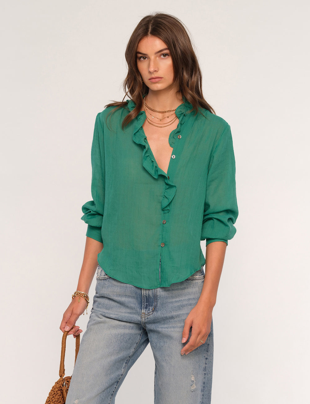 Emerald Blouse with ruffle and asymmetrical button front - Tru Blue Boutique