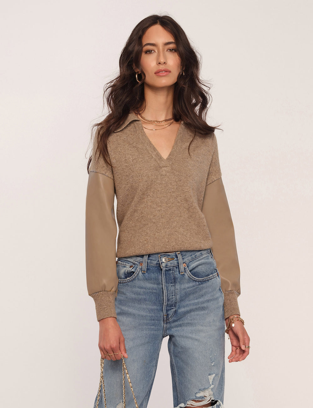 Mia sweater with vegan leather sleeves in beige by Heartloom at Tru Blue Boutique