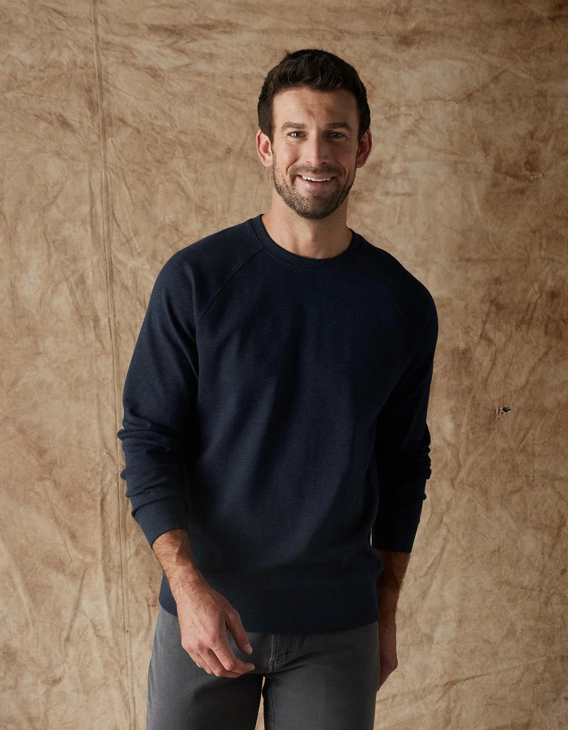 A soft navy blue everyday men's shirt with a  crew neck made with Puremeso knit by The Normal Brand at Tru Blue Boutique