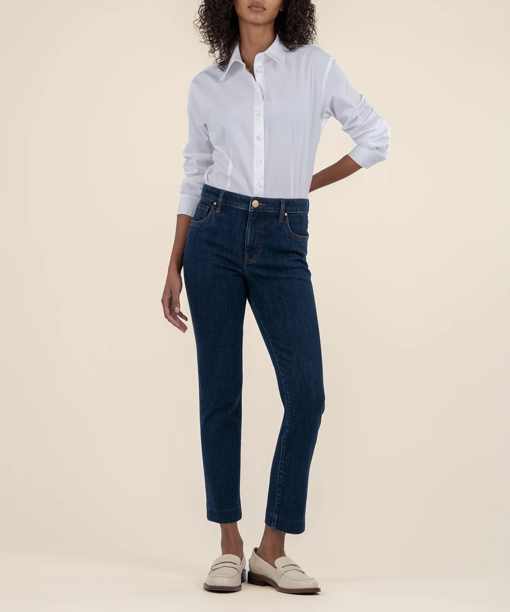 Straight leg medium to dark wash ankle length jean with high waist - Tru Blue Boutique