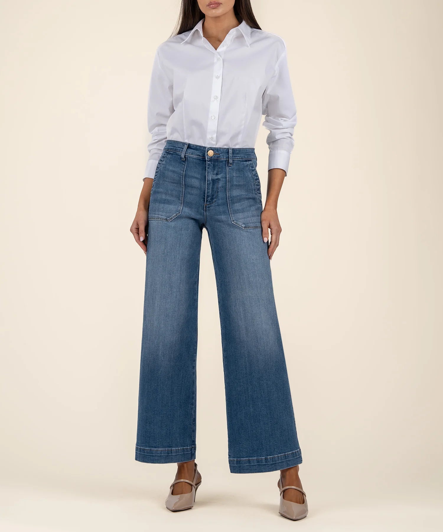 High rise denim jean with wide leg and pork chop pockets - Tru Blue Boutique