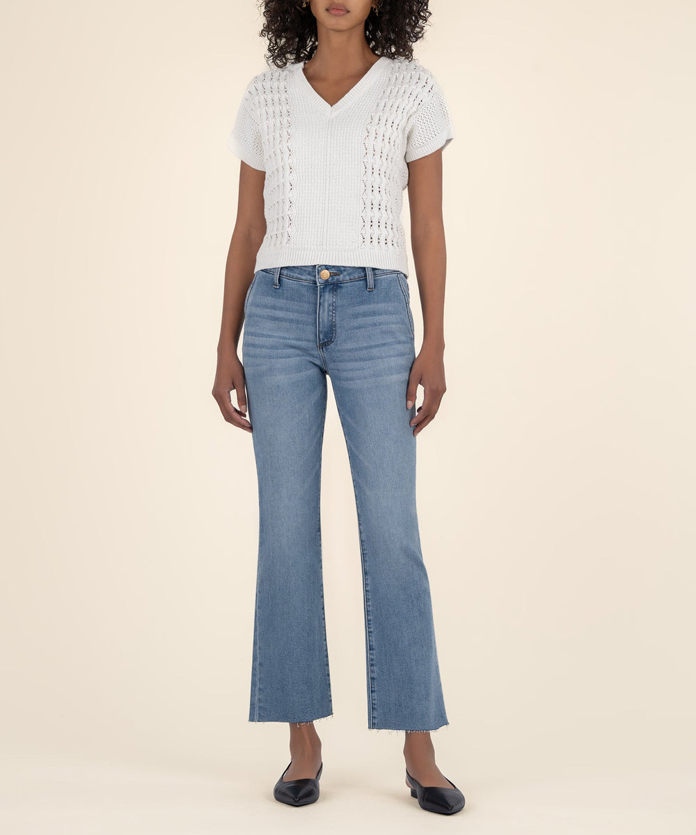 A white, v-neck, short sleeve sweater - Tru Blue Boutique