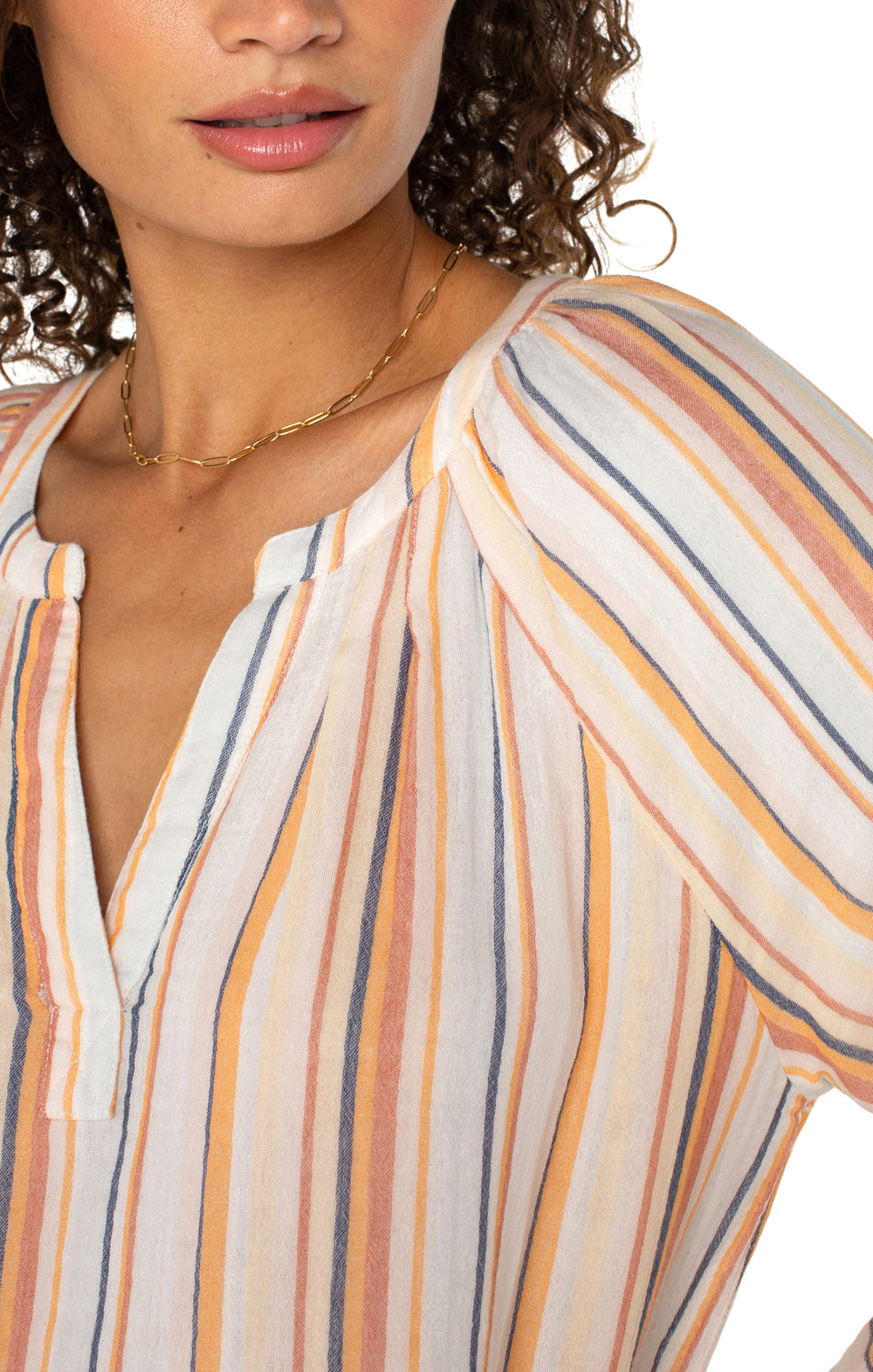 3/4 sleeve raglan woven top with fray hem and stripes - Tru Blue Boutique