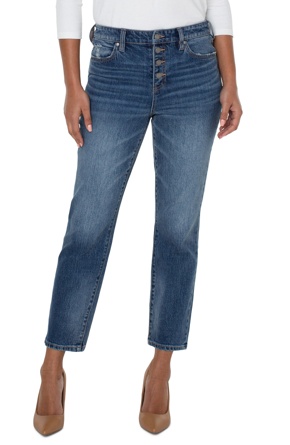 A button fly straight leg cropped Liverpool  jean at Tru Blue Boutique