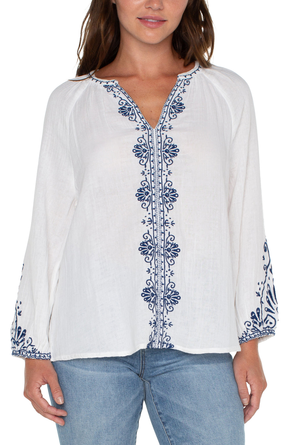 White blouse with blue embroidered detail - Tru Blue Boutique