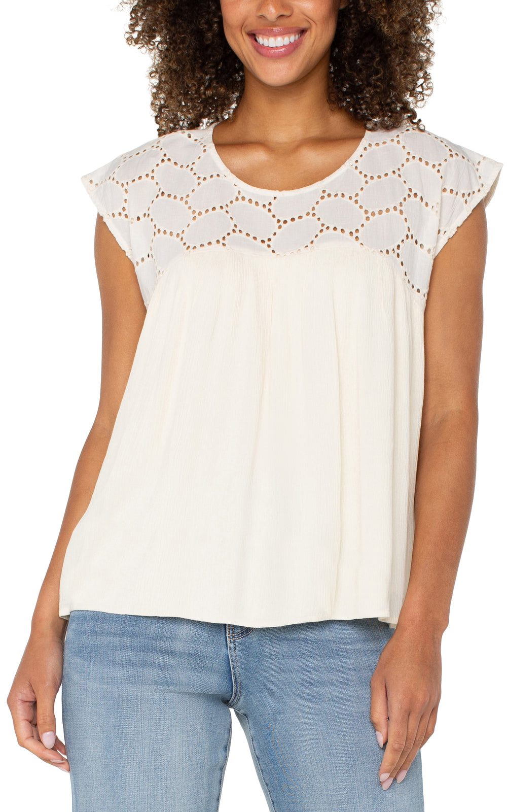 Cream vanilla white loose fit sleeveless top with eyelet - Tru Blue Boutique