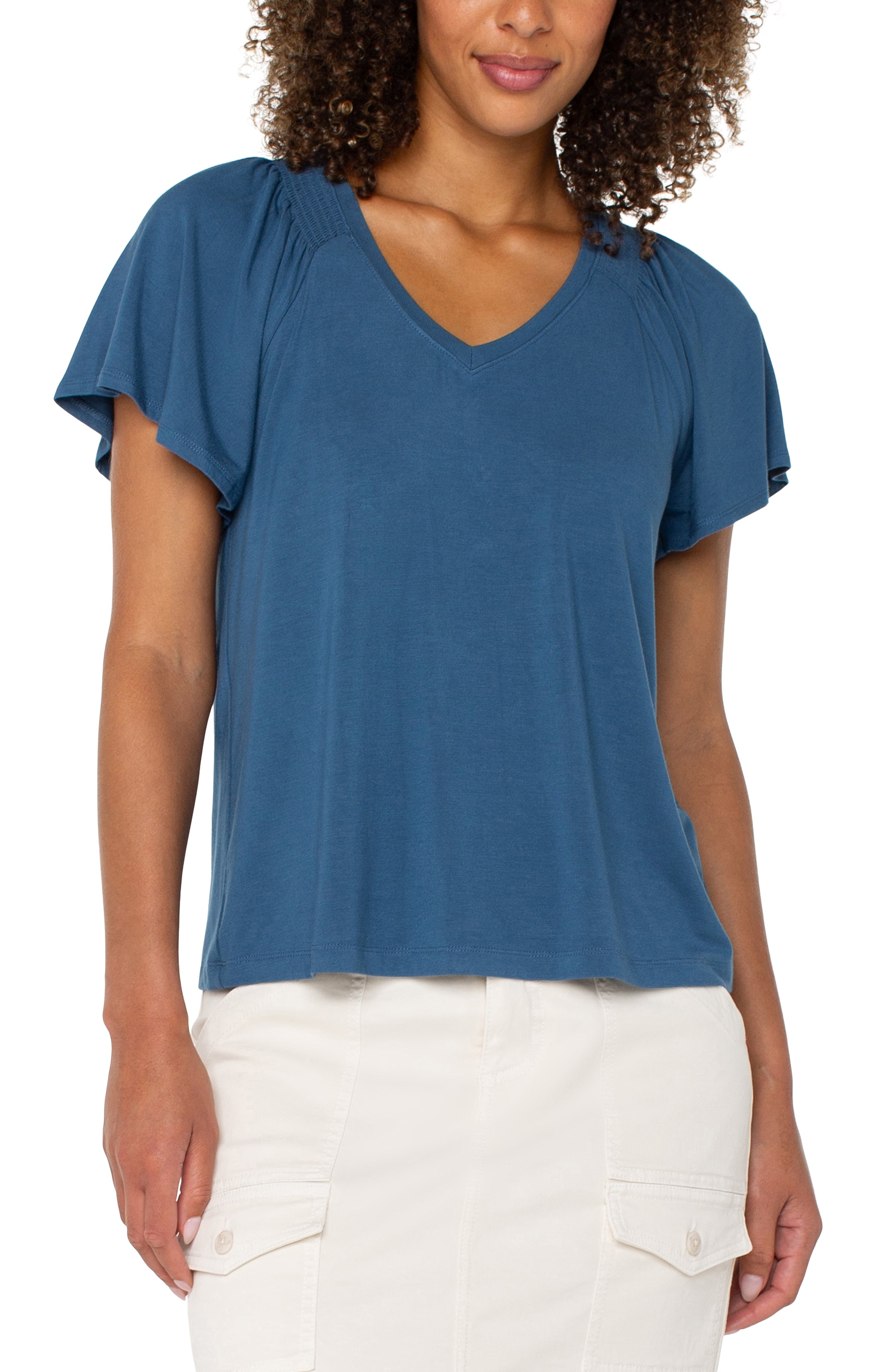 French blue shirt with v-neck and flutter sleeves - Tru Blue Boutique