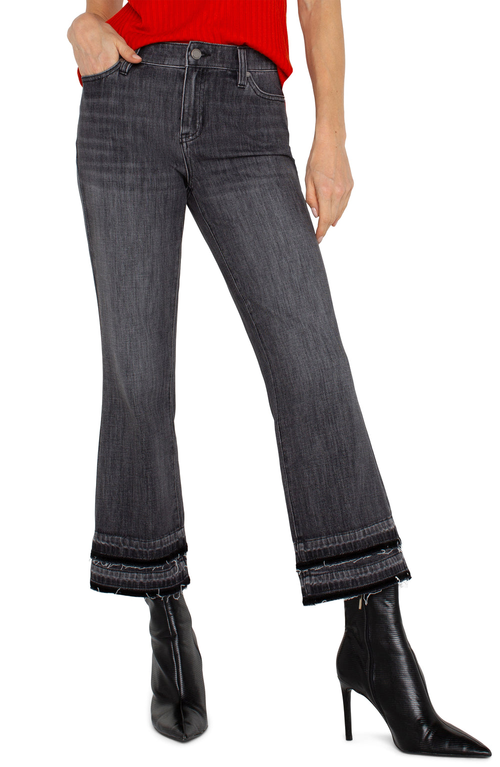 Crop vlare washed black jean with velvet trim and rough hem - Tru Blue Boutique