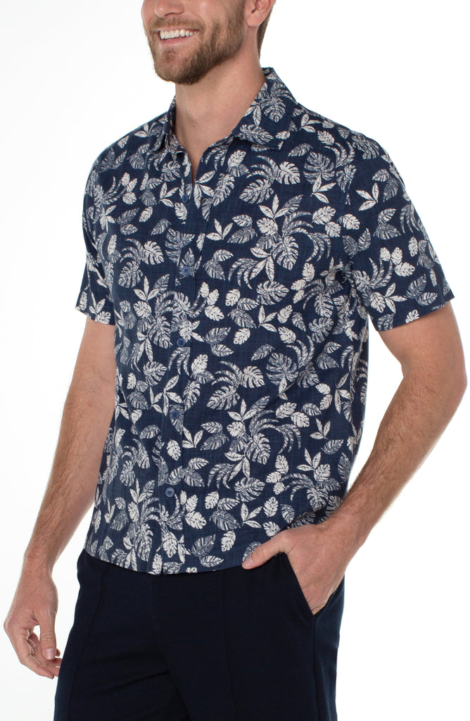 Printed short sleeve shirt in blue porcelain by Liverpool at Tru Blue Boutique