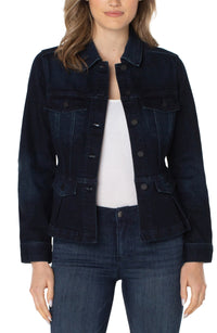 Dark blue denim jacket with front pockets and pepulm by Liverpool at Tru Blue Boutique