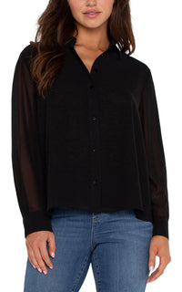 Black chiffon button down blouse with pleated back detail - Tru Blue Boutique