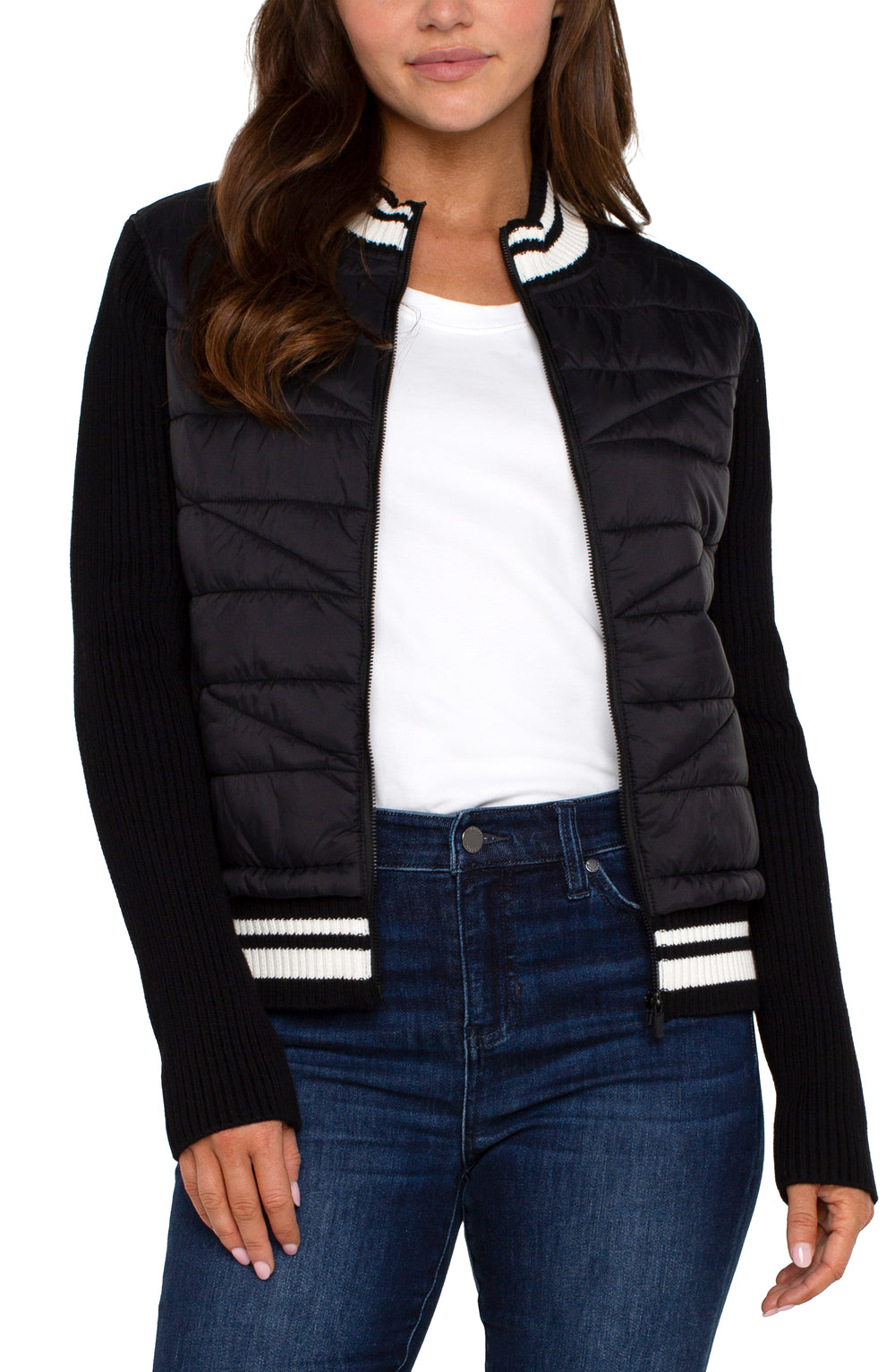 Long sleeve black, quilted front full zip sweater jacket with sport stripe collar LM8D67SW53-S - Tru Blue Boutique 