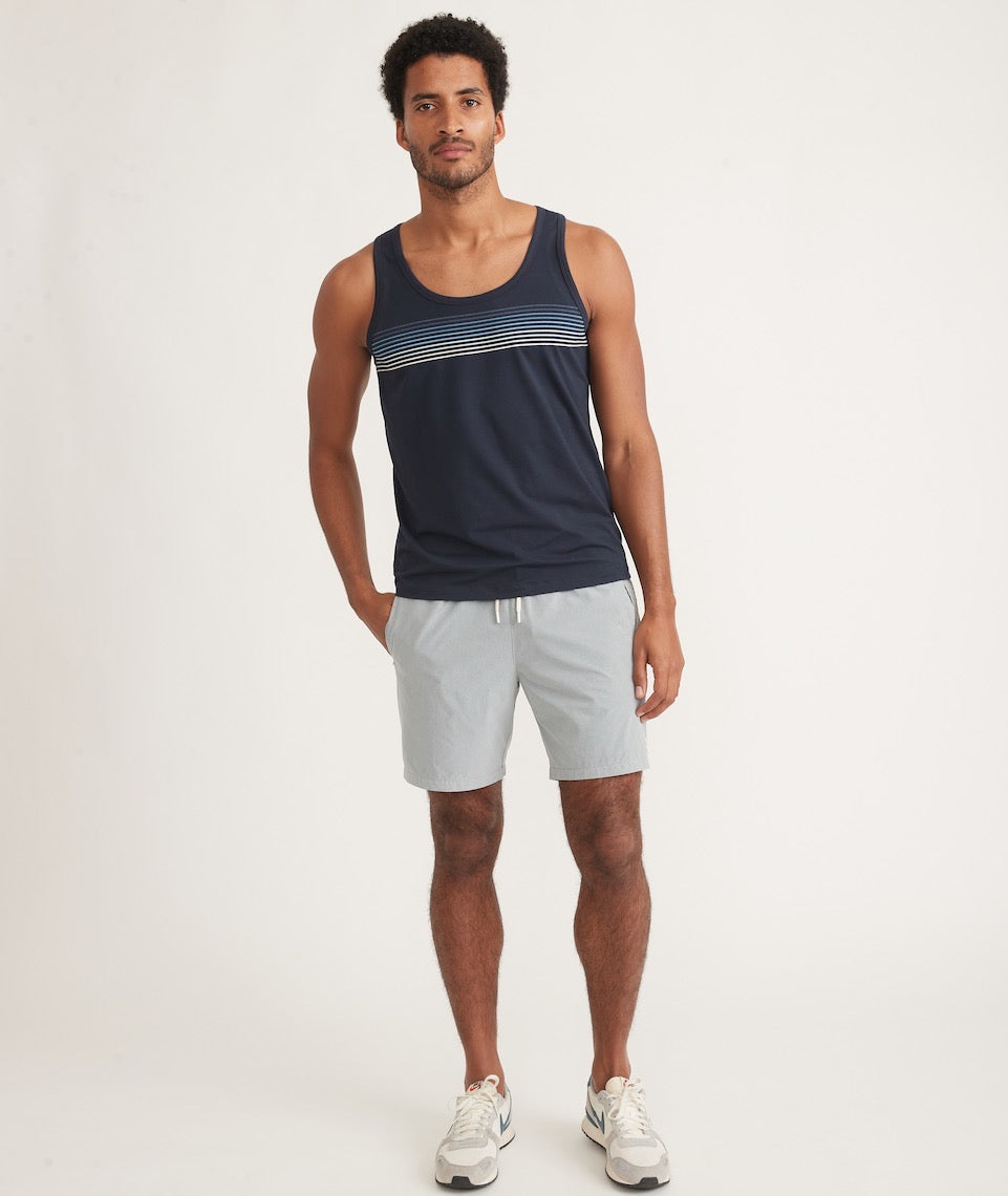 Sport tank with chest stripe on recycled navy fabric by Marine Layer - Tru Blue Boutique  True Blue