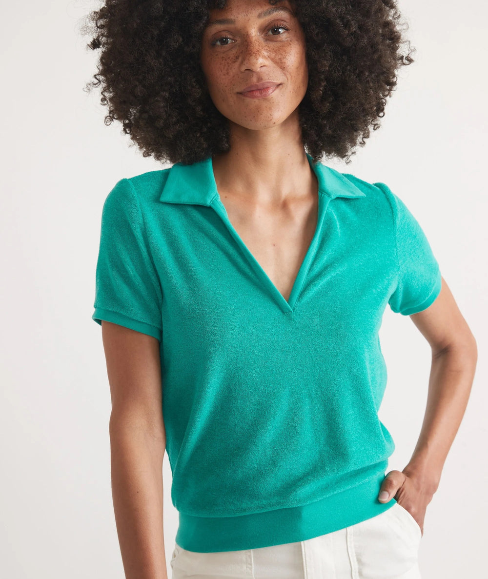 Towel terry polo shirt with vintage look in teal green - Tru Blue Boutique