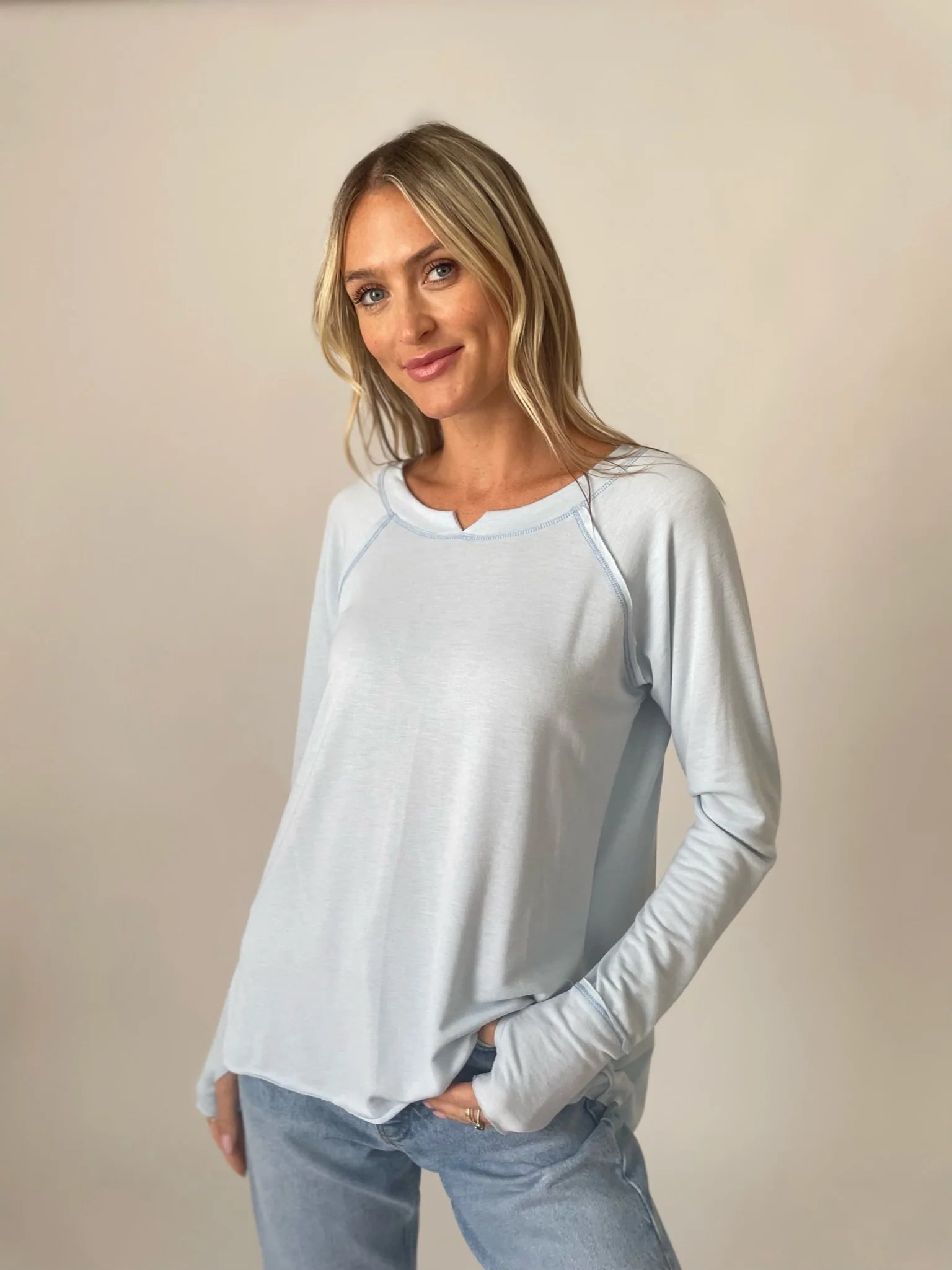 Long sleeve terry tee in light blue at Tru Blue Boutique