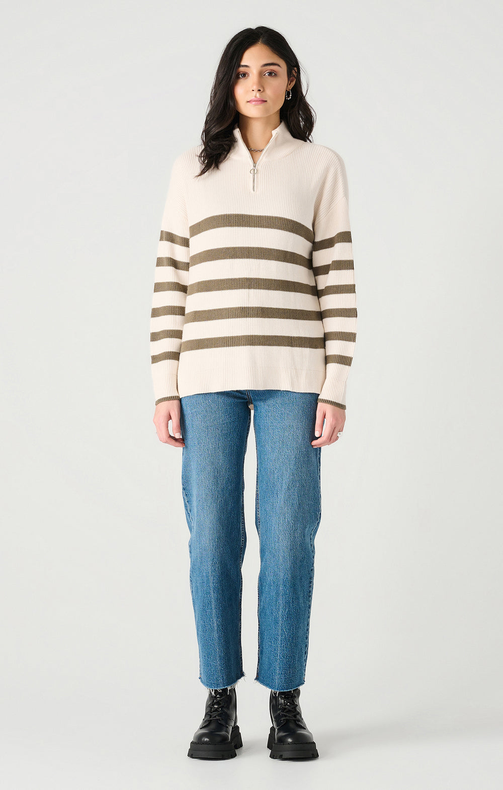 Zip-up, cream sweater with armygreen stripes - Tru Blue Boutique