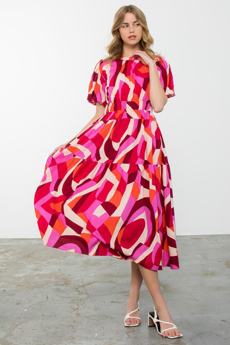 Geometric retro print pink maxi dress - Tru Blue Boutique