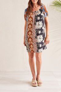Mixed print knee length dress or cover-up in amber and blue tones - Tru Blue Boutique