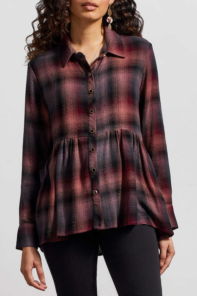 Button front hi low tunic blouse in plum plaid by Tribal at Tru Blue Boutique